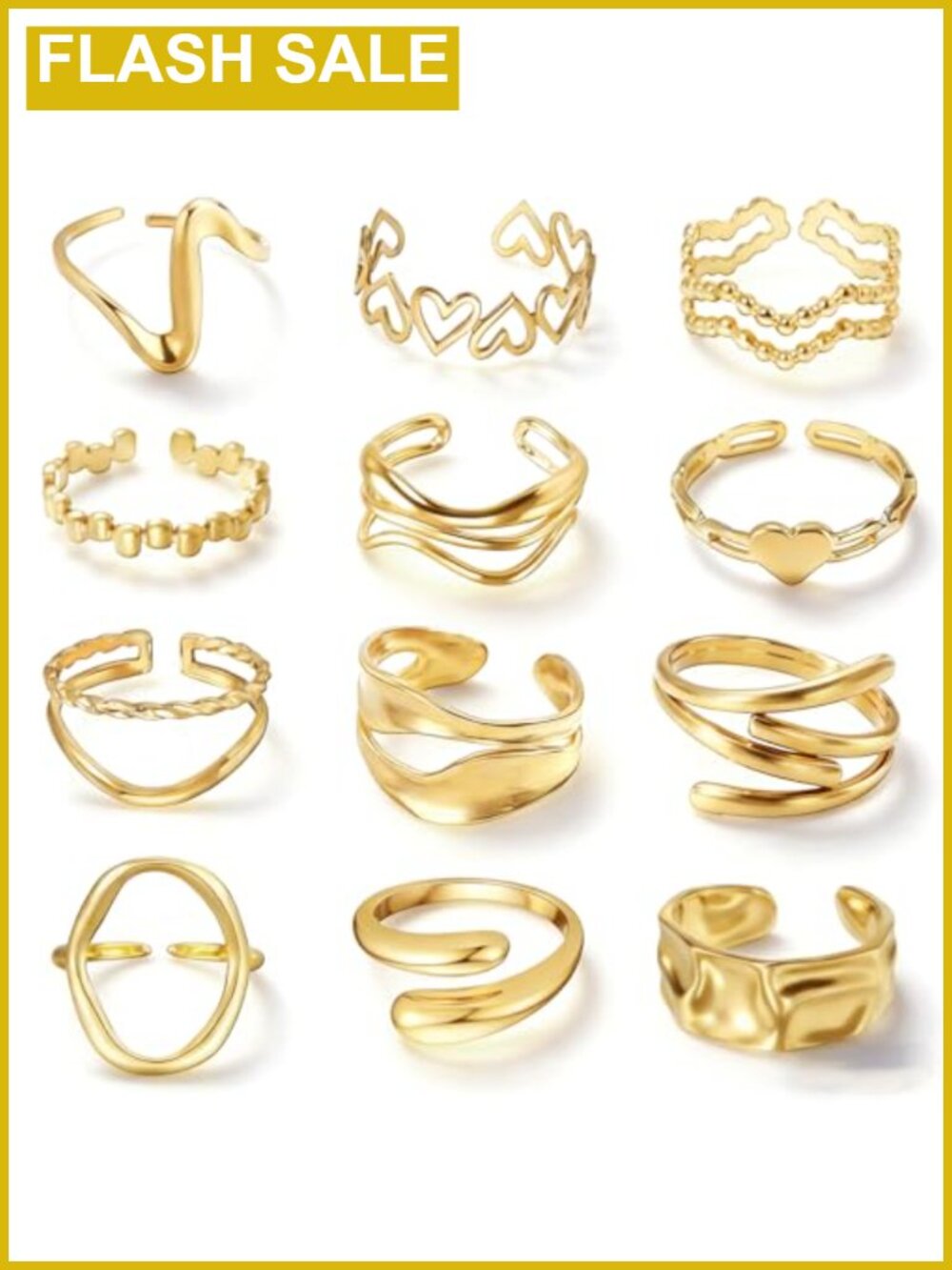 12pc 18K Gold Plated Adjustable Stackable Rings Set Stainless Steel